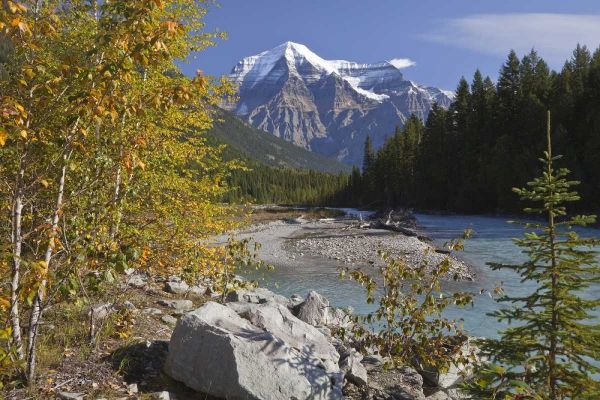 Canada, BC, Landscape of Mt Robson and stream